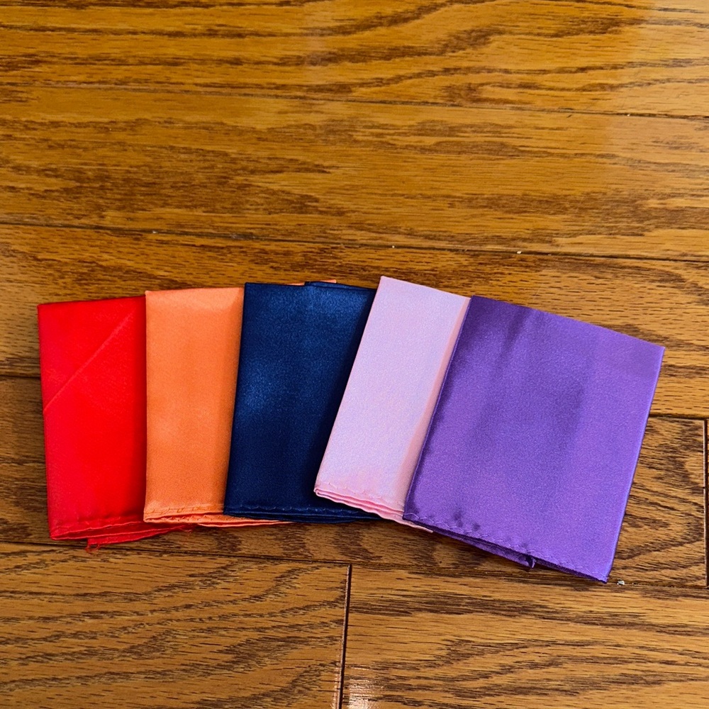 New in Packaging Set of Five Colorful Satin Handkerchiefs or Pocket Squares‎